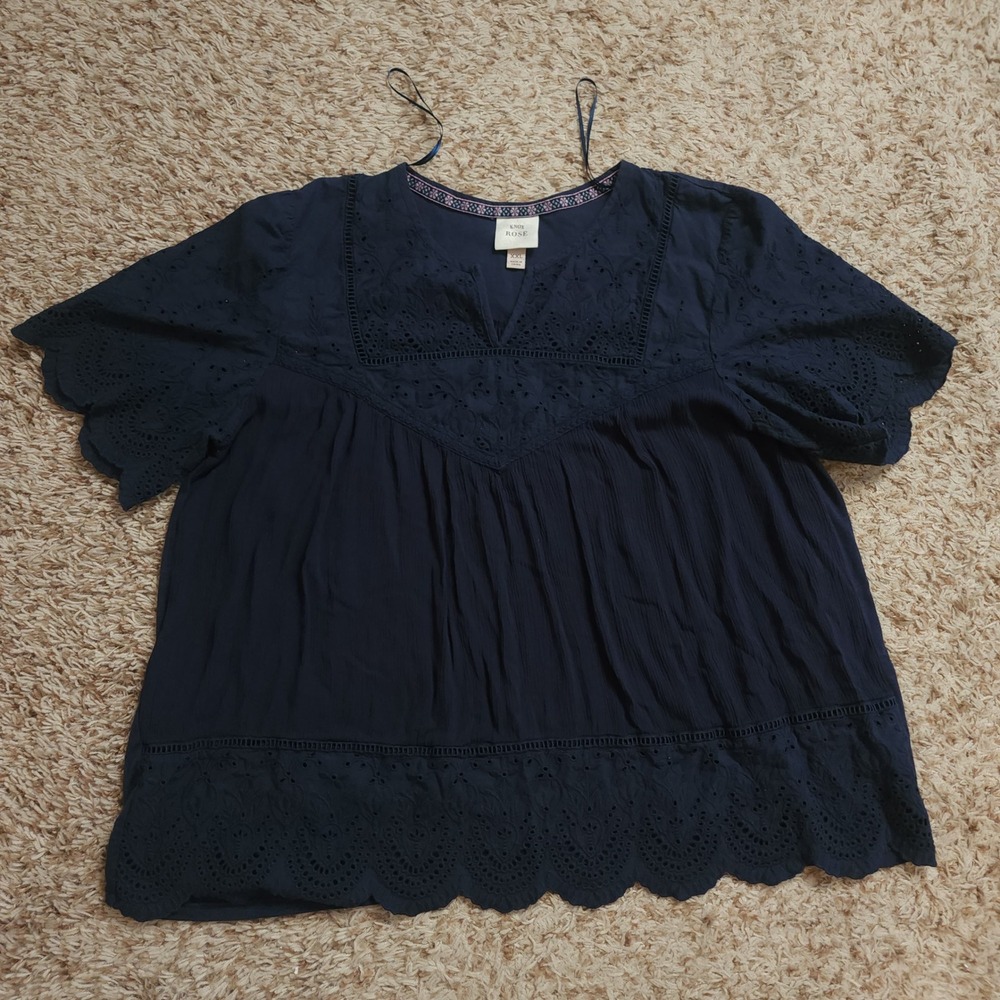 Knox Rose Blouse Women XXL Navy Blue Eyelet Boho Split V-Neck Short Sleeve